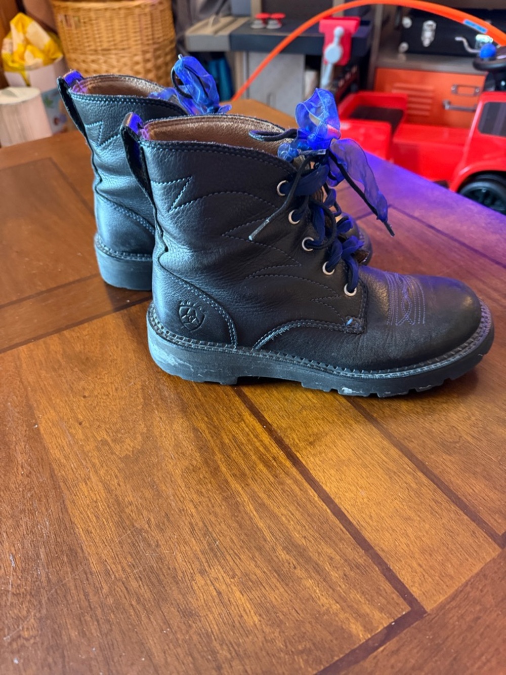 Black Leather Boots with Blue Ribbon Laces - Picture 2 of 6